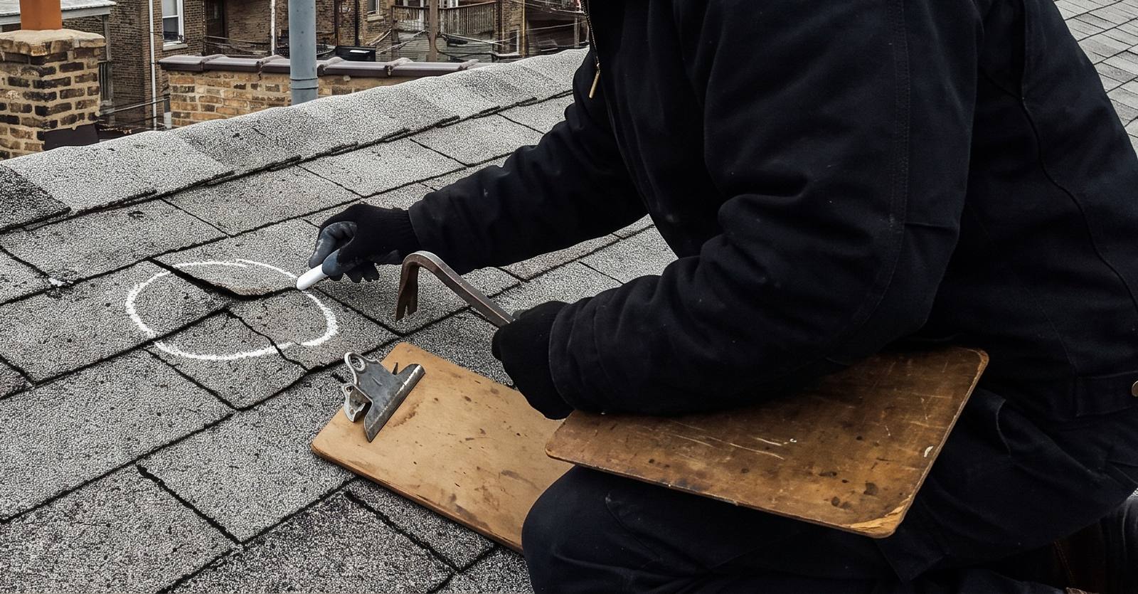A gloved inspector marking hail damage on a shingle with chalk, clipboard in hand, above Chicago rooftops